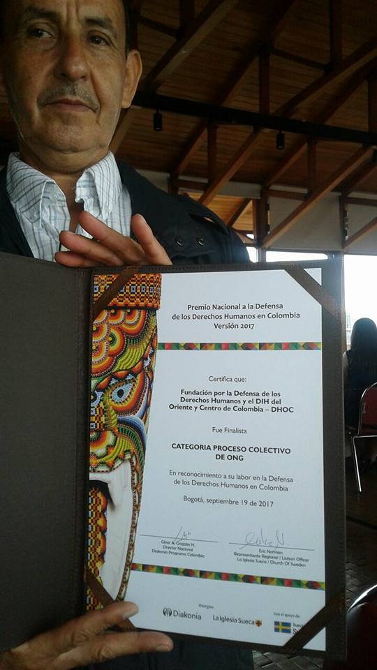 Esmer Montilla, de la fundación DHOC, finalista del premio nacional de DDHH Diakonia